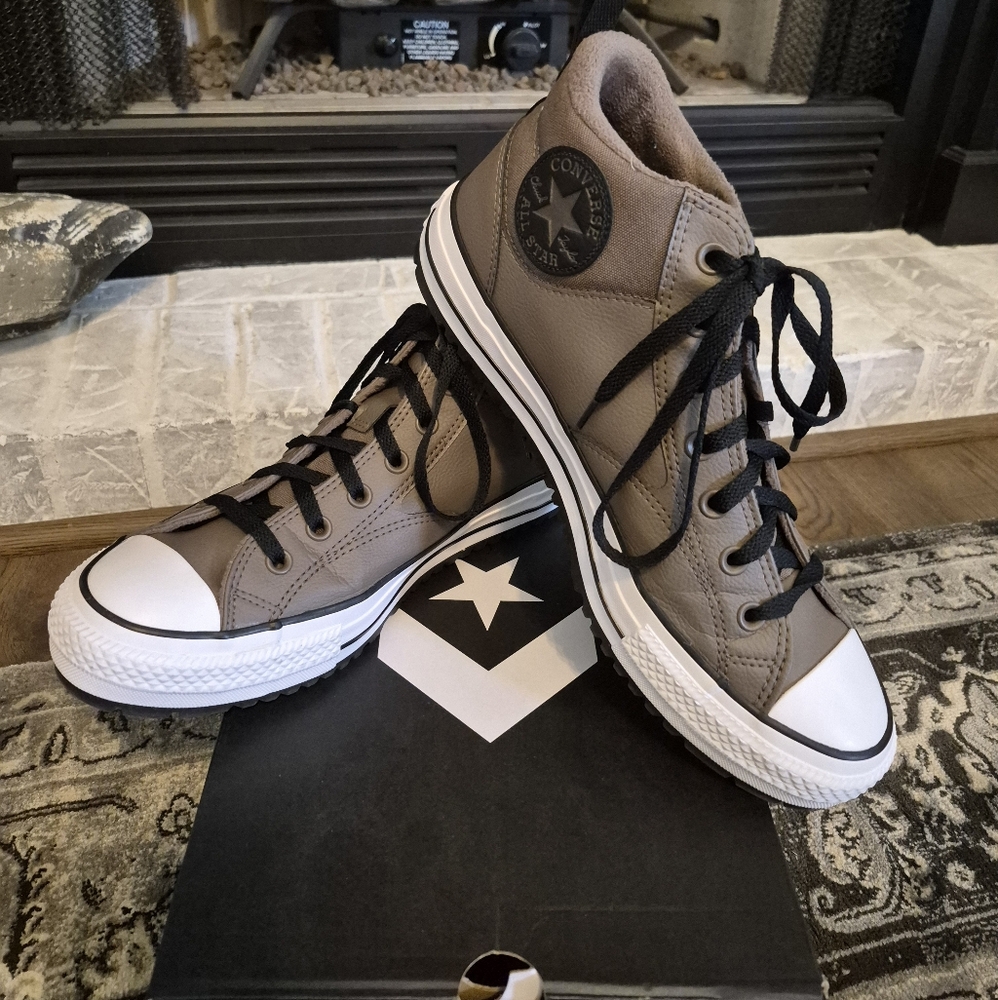Converse Uni-sex High-Top Walden Street Boot Sneakers - Taupe, Black and White.